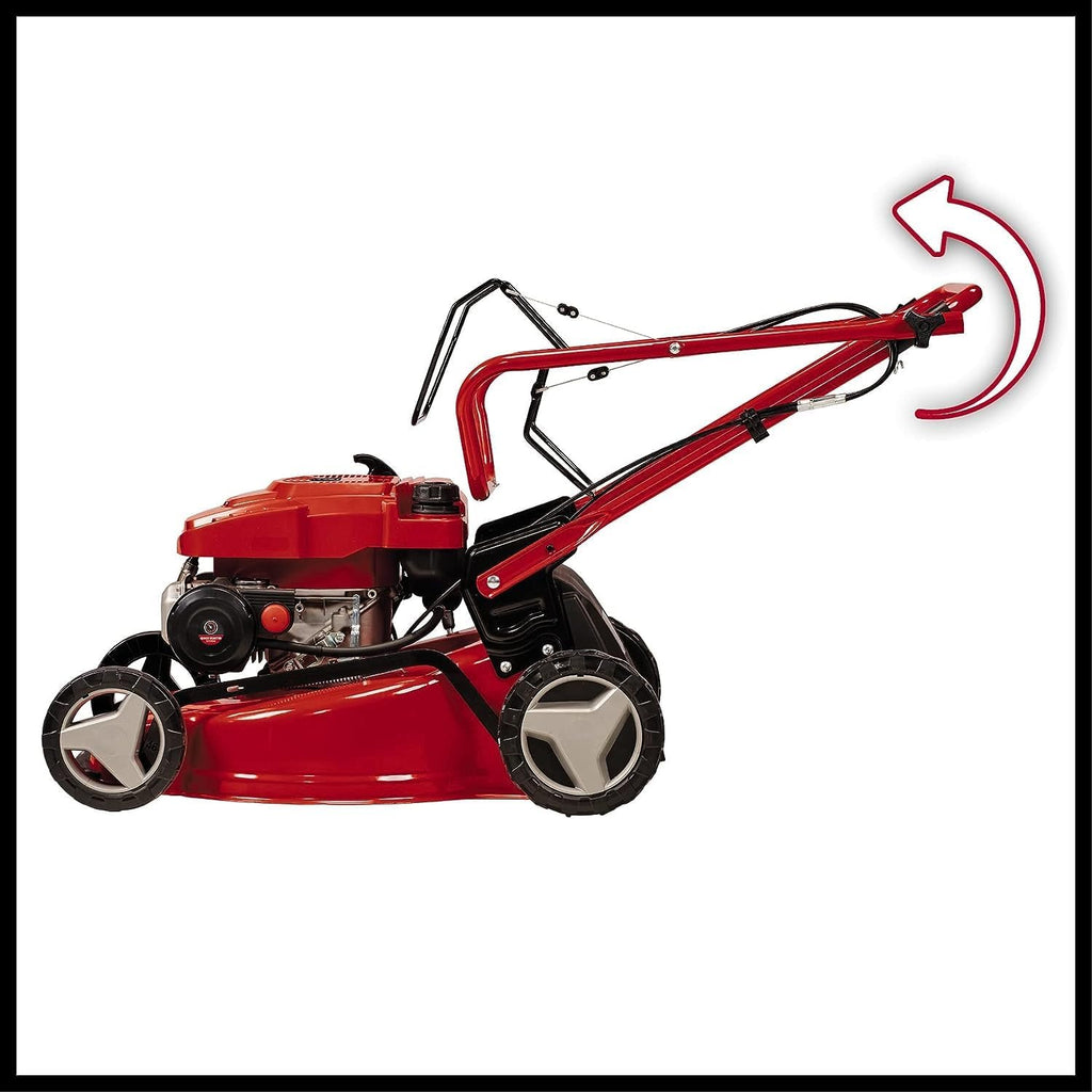 Einhell Benzin-Rasenmäher GC-PM 46/5 S (2 kW, bis 1.400 m², 1 Zylinder, 4-Takt-Motor, abschaltbarer Hinterradantrieb, 9-stufige zentrale Schnitthöhenverstellung 25-80 mm)