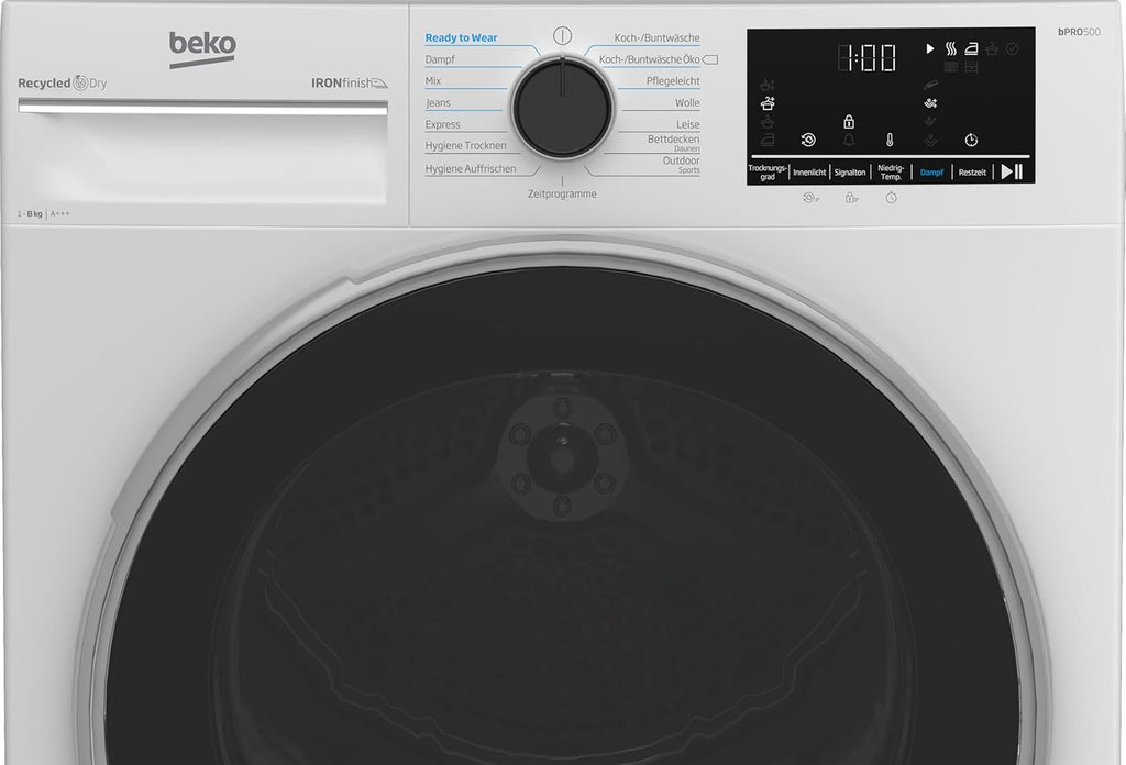 Beko B5T4824IF bPRO 500 Wäschetrockner, 8 kg, Frontlader Wärmepumpentrockner, allergikergeeignet, 15 Programme, Dampffunktion, Knitterschutz, Silent-Programm, AquaWave Schontrommel, Weiß