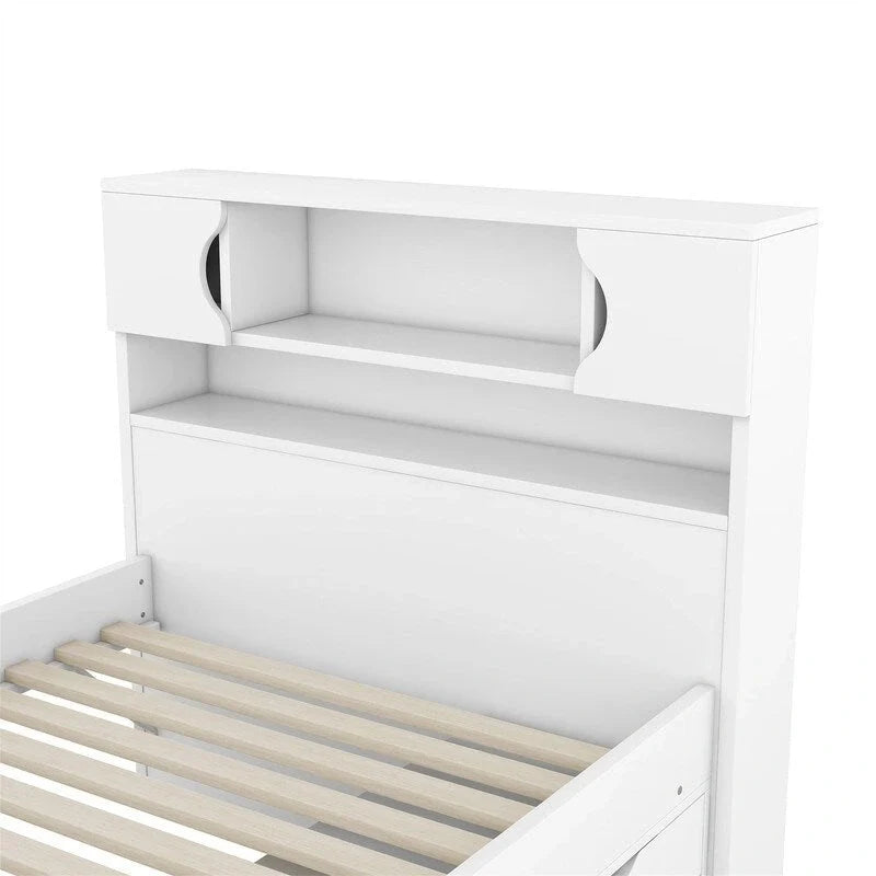 Twin/Full Size Captain Platform Bed with 4 Drawers and Storage Shelves, Solid Wood Bed Frame with Storage Bookcase Headboard