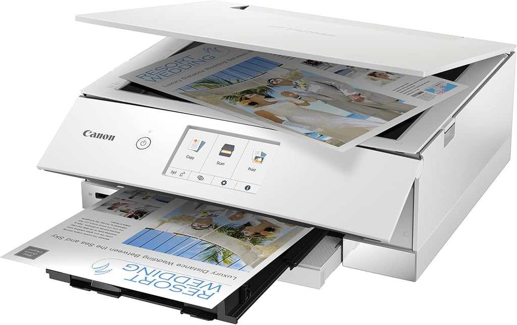 Canon PIXMA TS8351a Drucker Farbtintenstrahl Multifunktionsgerät DIN A4 (Scanner, Kopierer, 4.800 x 1.200 dpi, 6 separate Tinten, USB, WLAN, AirPrint, Duplexdruck, 2 Papierzuführungen, 5 GHz), weiß