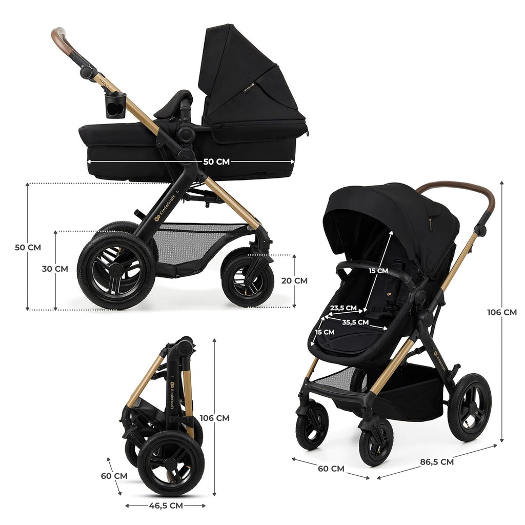 Kinderkraft MOOV2 AIR Kinderwagen 3 in 1 Kinderwagenset bis 26 kg mit Kindersitz I-SIZE 40-75 cm, Buggy Funktion, Liegeposition verstellbar, Große ausziehbare Verdeck, Aufblasbare Räder, Schwarz