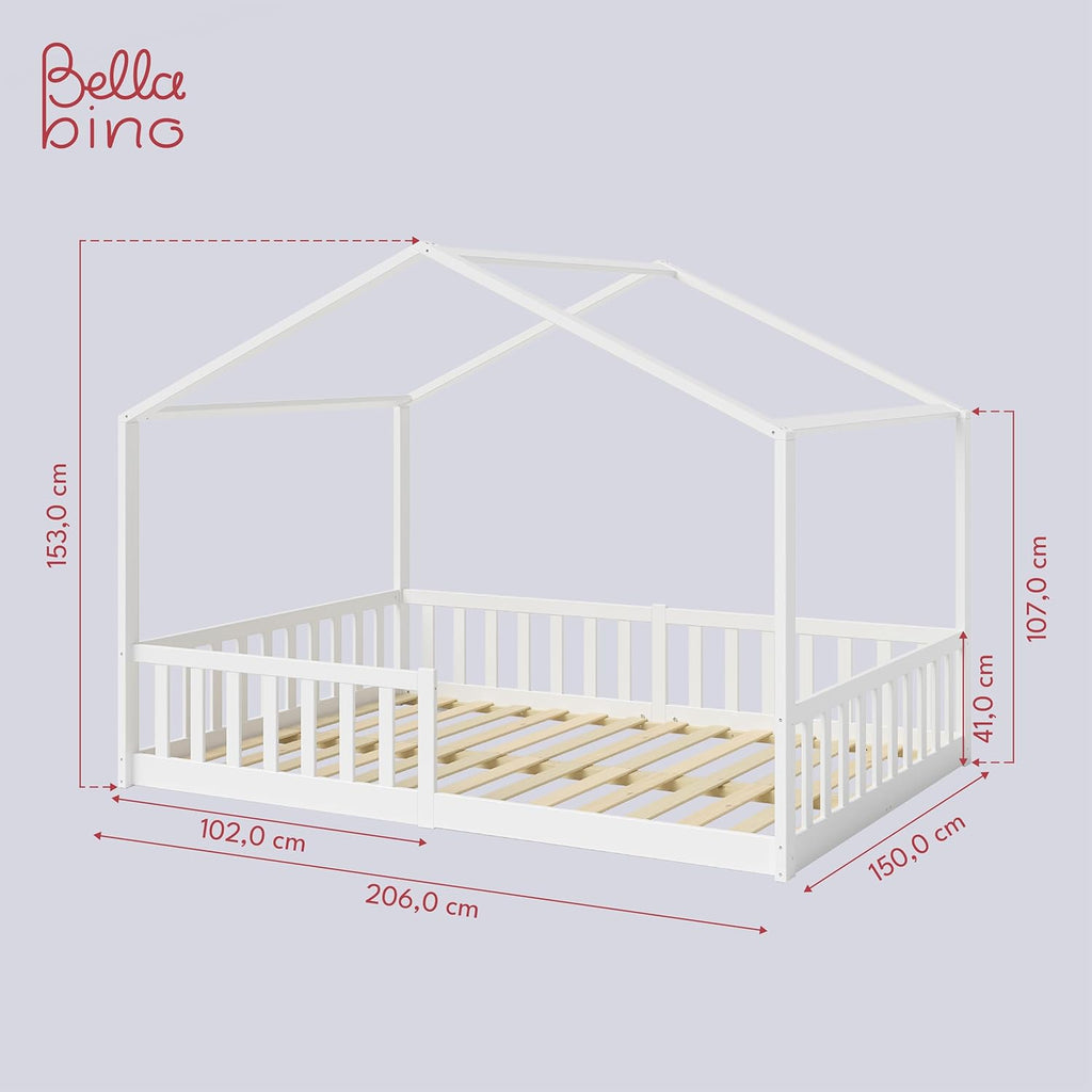 Bellabino Kinderbett Bia 140x200 cm, Hausbett Kinder inkl. Rausfallschutz und Rolllattenrost, Montessori Bodenbett weiß aus Massivholz Kiefer