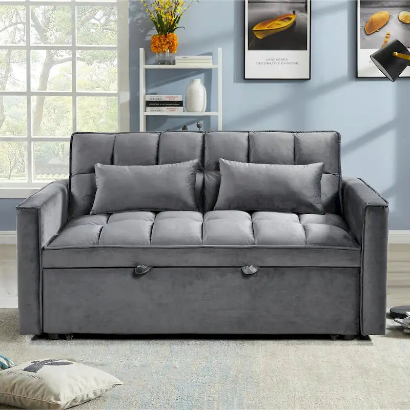 Modern Velvet Futon Loveseat with Reclining Backrest & Pockets, Seats 2 �?Dark Gray / Light Gray / Blue / Black