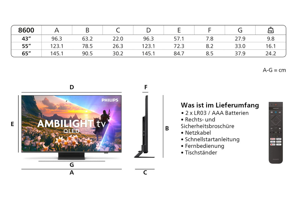 Philips Ambilight 55PUS8600 4K QLED Smart TV - 55 Zoll Display mit P5 Perfect Picture Engine Ultra HD, Titan OS, Dolby Vision und Dolby Atmos Sound