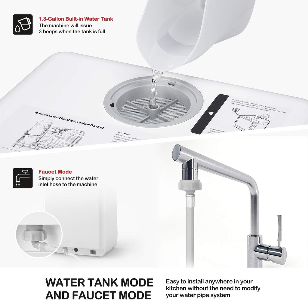 Tragbarer Tischgeschirrspüler, Kompaktgeschirrspüler mit 5 l integriertem Wassertank und Zulaufschlauch, 5 Spülprogrammen, Babypflege, Lufttrocknungsfunktion und LED-Licht für kleine Wohnungen