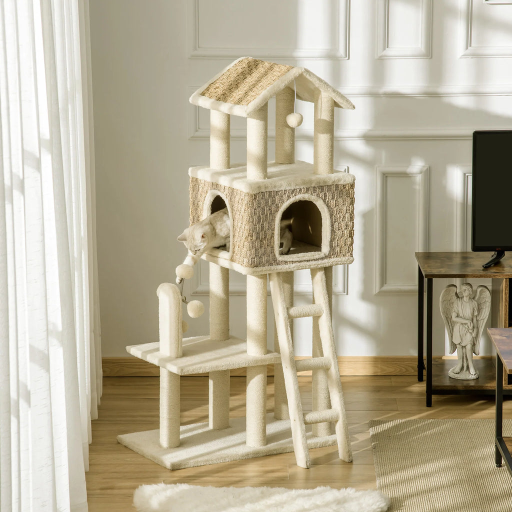 PawHut Kratzbaum Katzenhöhle 2in1 mit Sisal-Kratzstämmen