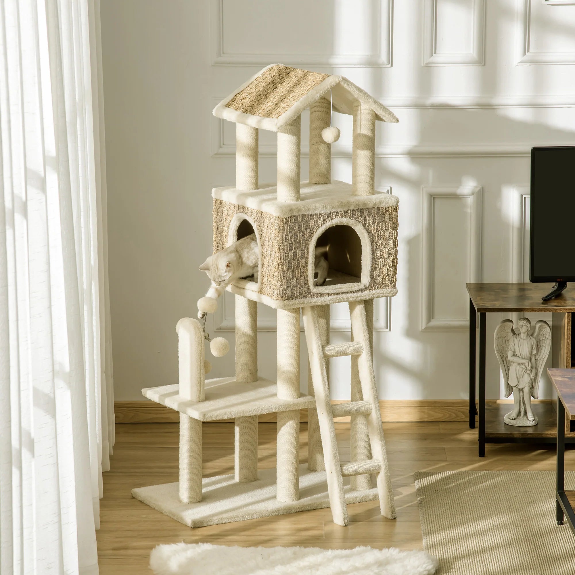 PawHut Kratzbaum Katzenhöhle 2in1 mit Sisal-Kratzstämmen