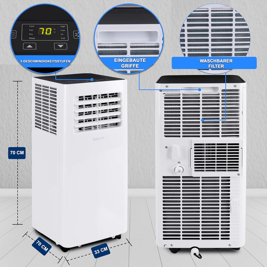 SereneLife 3-in-1 Mobile Klimaanlage mit Abluftschlauch – Klimagerät als Luftkühler, Ventilator & Luftentfeuchter– Mini Klimaanlage für Räume bis zu 28 m2 – Luftkühler für Zuhause & Büro 10,000 BTU