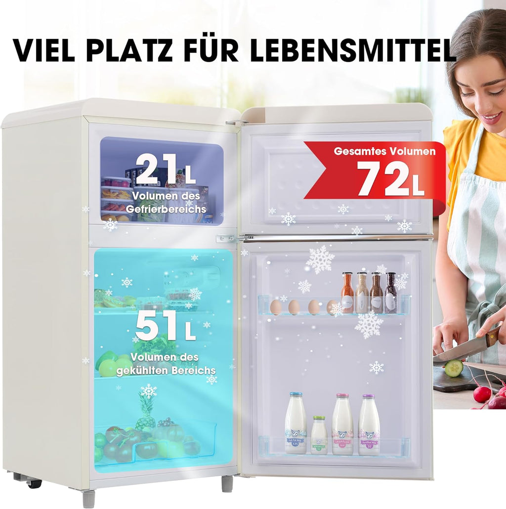 Merax Kühlschrank mit Gefrierfach, Kühl-Gefrierkombination, klein Kühlschrank mit 51L und Gefrierschrank 21L, Leise, LED, Glasablagen, Gemüsefach, Türablagen, für Küche, Wohnzimmer, Büro, Schwarz