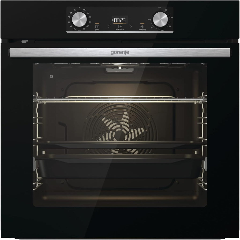 Gorenje 738971 Einbaubackofen-Set OptiBake Black Steam Pyro Set / 77L / Heißluft/Pyrolyse/ExtraSteam/GentleClose/AirFry/Pizzamode 300°C/PerfectGrill/Induktions-Kochfeld mit BridgeZone/schwarz