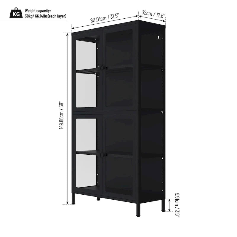 Four Glass Door Storage Cabinet with Adjustable Shelves and Feet Cold-Rolled Steel Sideboard Furniture