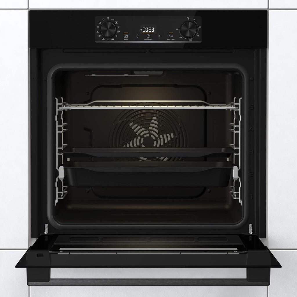 Gorenje 738971 Einbaubackofen-Set OptiBake Black Steam Pyro Set / 77L / Heißluft/Pyrolyse/ExtraSteam/GentleClose/AirFry/Pizzamode 300°C/PerfectGrill/Induktions-Kochfeld mit BridgeZone/schwarz