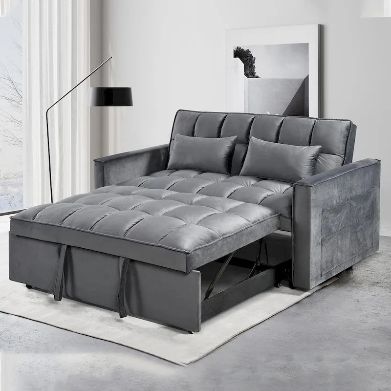 Modern Velvet Futon Loveseat with Reclining Backrest & Pockets, Seats 2 �?Dark Gray / Light Gray / Blue / Black
